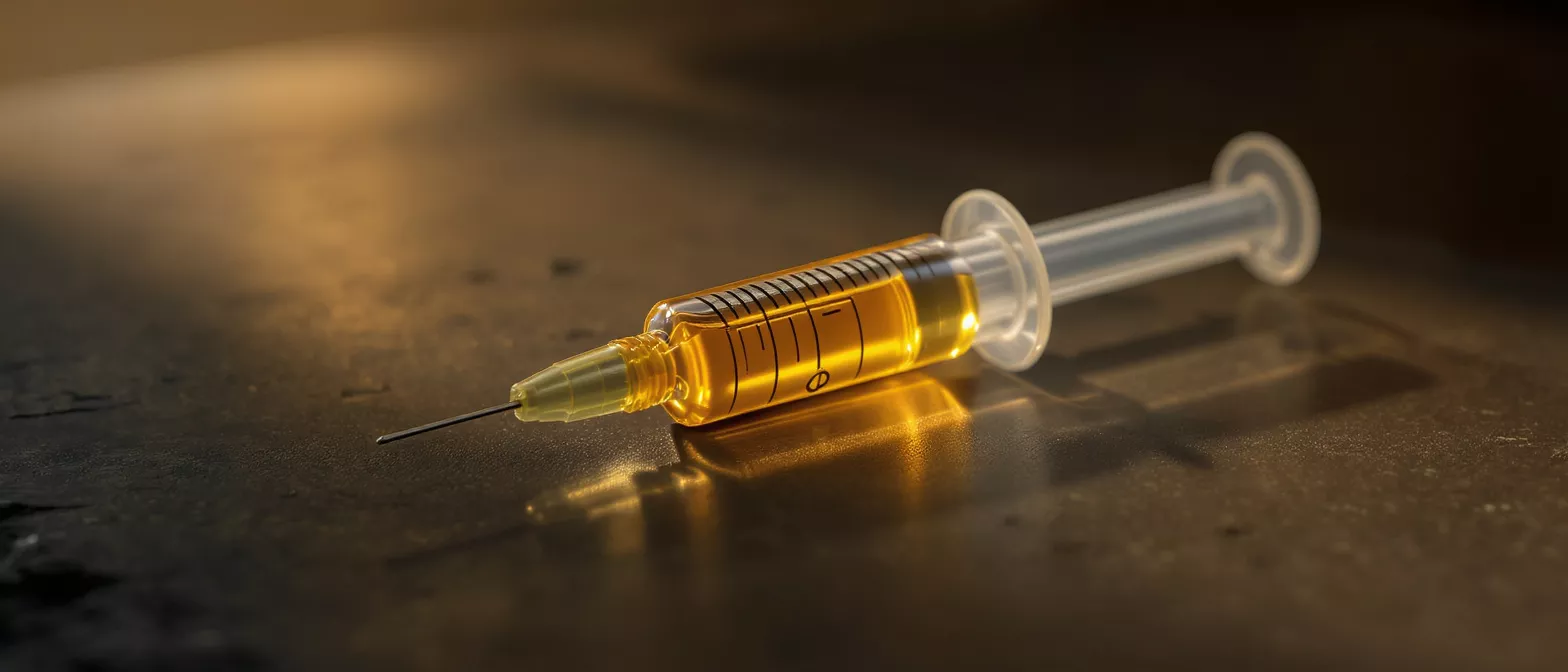 Syringe with Golden Liquid A clear syringe filled with a golden yellow liquid, resting on a dark surface.