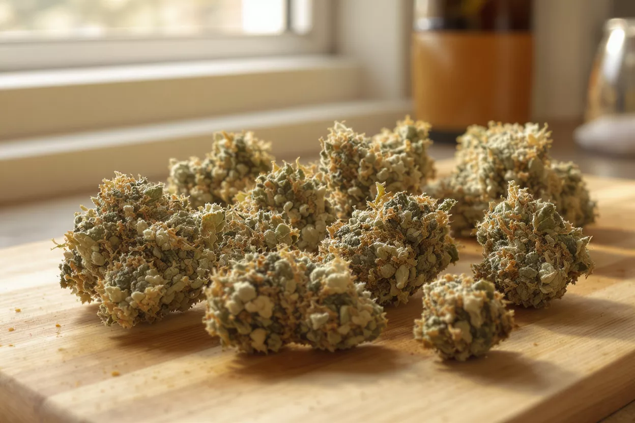 Several cannabis buds with green and orange hues on a wooden cutting board.