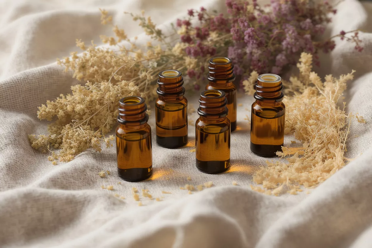 Five amber glass bottles with essential oils surrounded by dried flowers on linen.