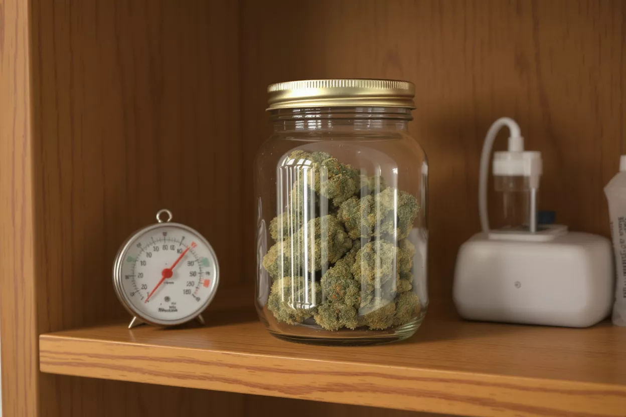 Glass jar of cannabis buds next to a hygrometer on a wooden shelf.