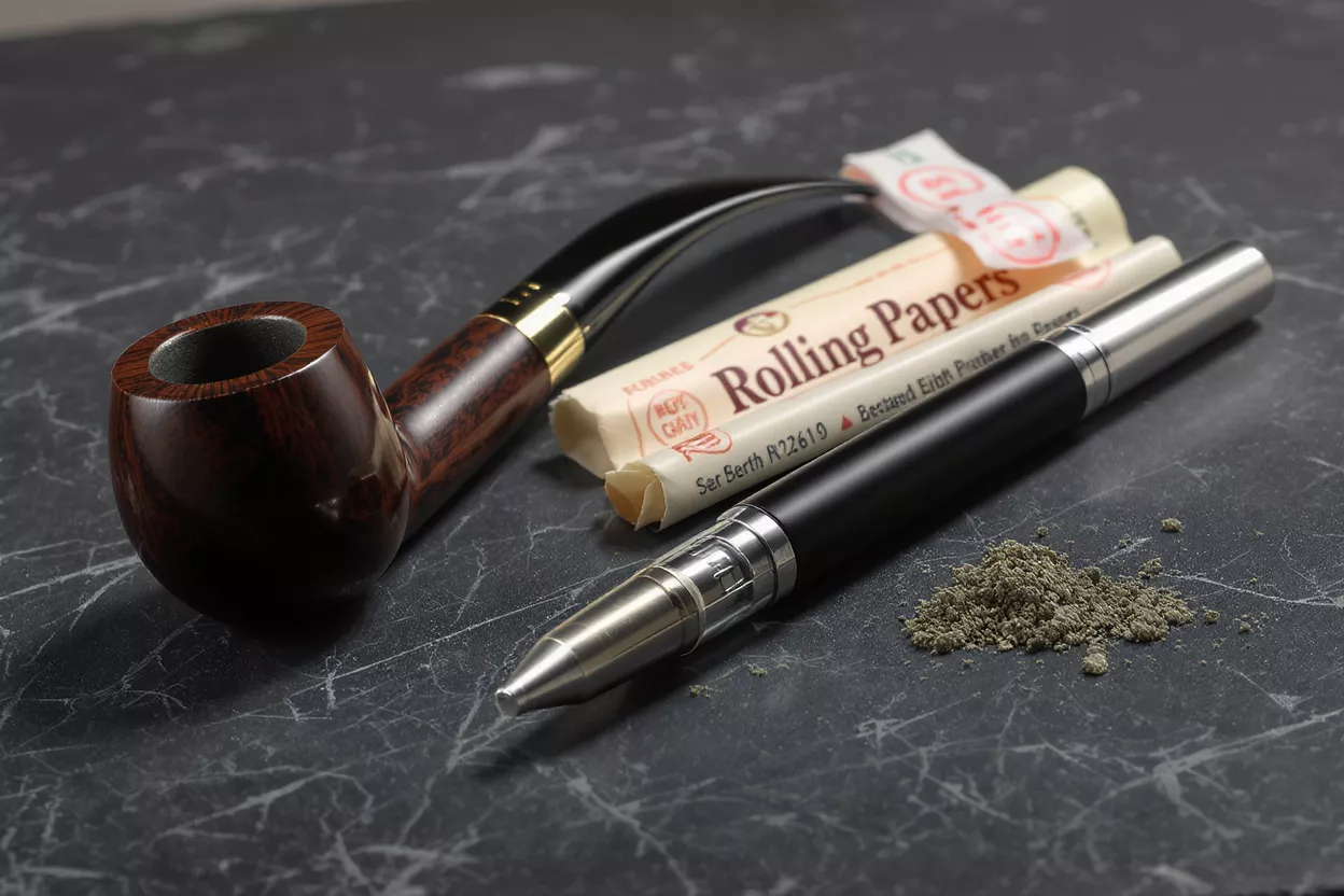 A wooden pipe, rolling papers, a vape pen, and ground herbs on a dark surface.