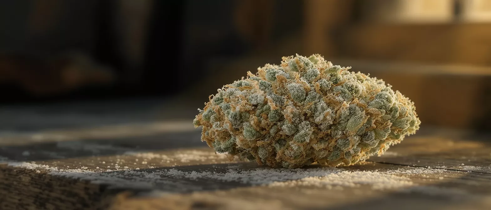 Close-up of a trichome-covered cannabis bud on a wooden surface with scattered kief.