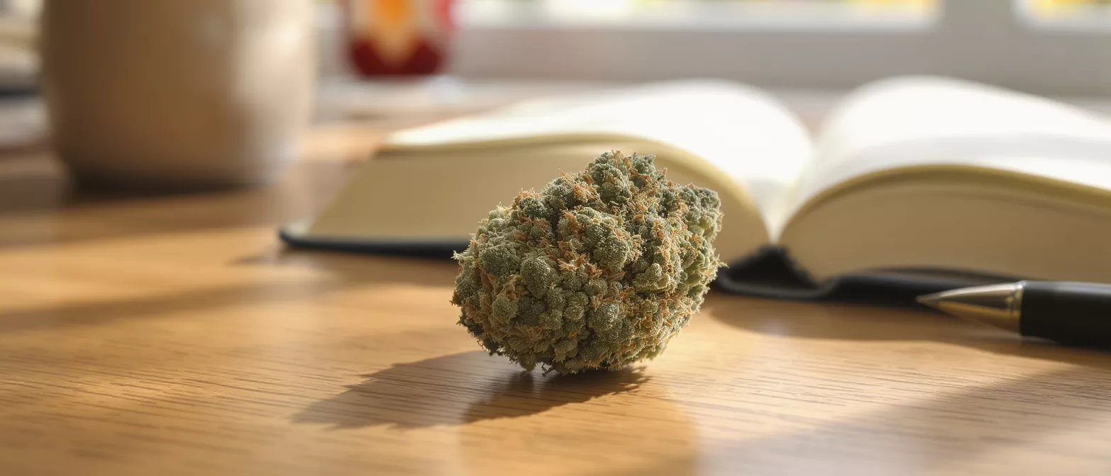 A close-up of a cannabis bud on a wooden desk with a book and pen.
