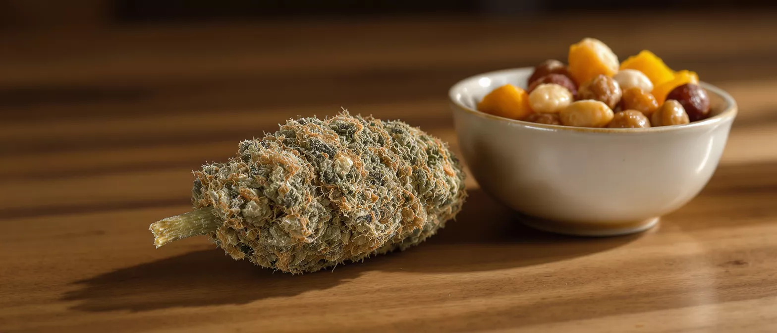 A vibrant cannabis bud next to a bowl of trail mix on a wooden table.