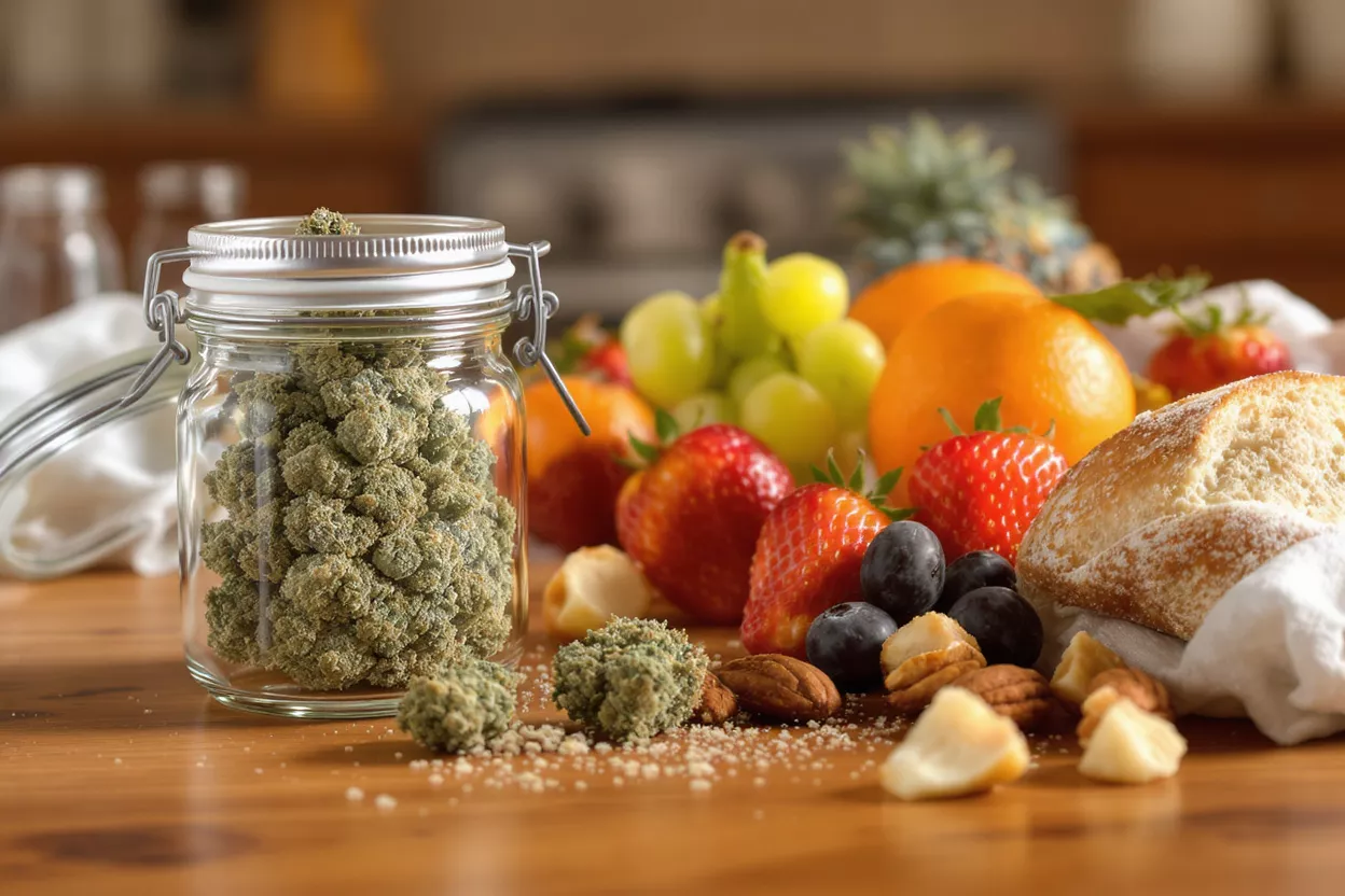 A jar of cannabis buds next to fresh fruit, nuts, and bread on a wooden surface.