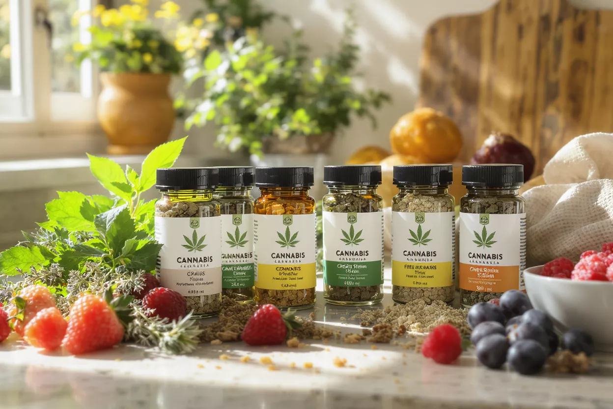 Six jars of Cannabis products with fresh berries and herbs on a kitchen counter.