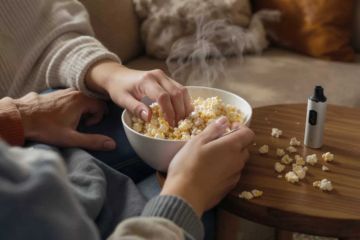 Hands reaching into a bowl of popcorn next to a vape on a table.