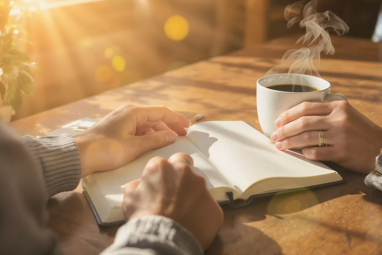 Hands writing in a journal with a steaming cup of coffee nearby, sunlit.