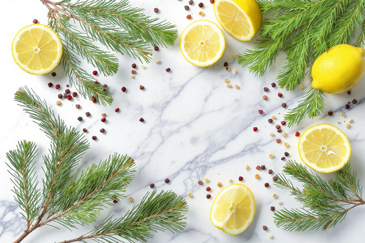 Bright yellow lemons, green pine needles, and colorful peppercorns on a white marble surface.