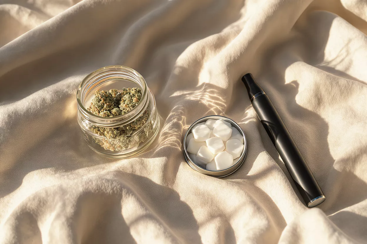 Cannabis flower in jar, white edibles, and a black vape pen on fabric.