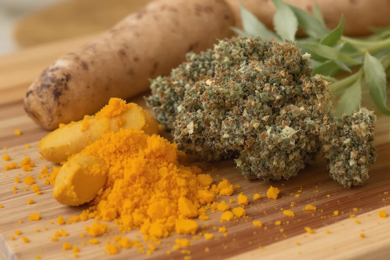 Close-up of turmeric root, powder, cannabis buds, and green leaves on wood.