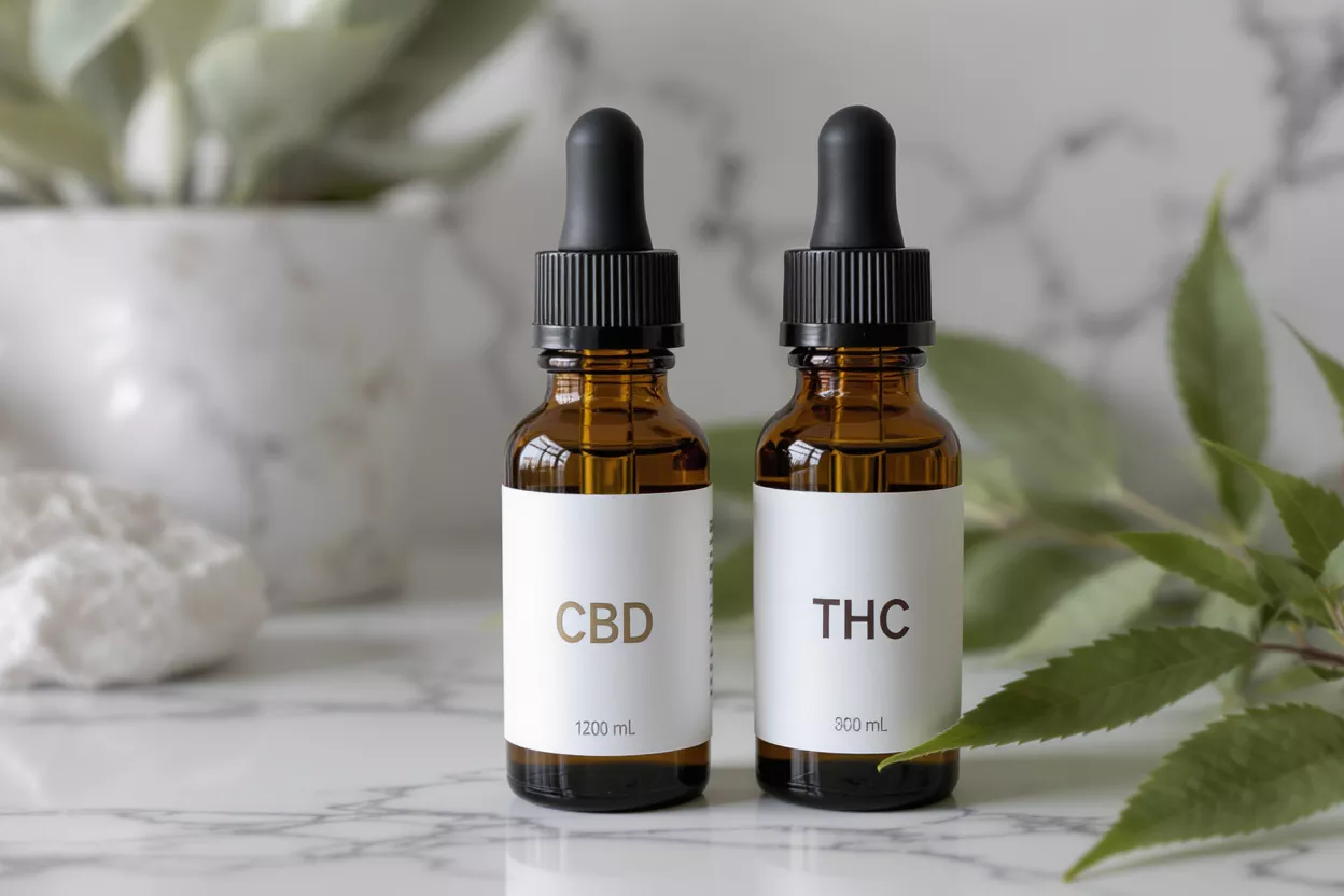 Two amber dropper bottles labeled CBD and THC on a marble surface.