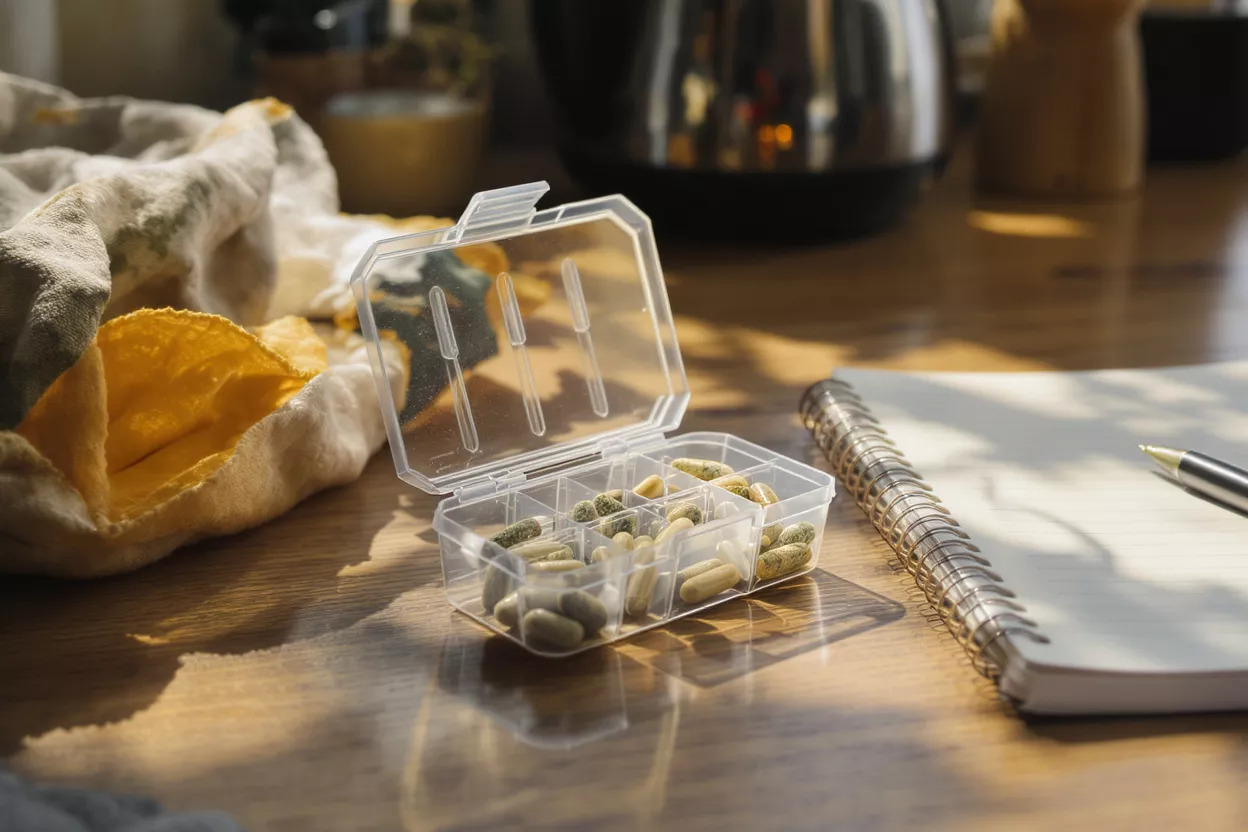 Clear pill organizer with various capsules, notebook, and pen on a wooden table.