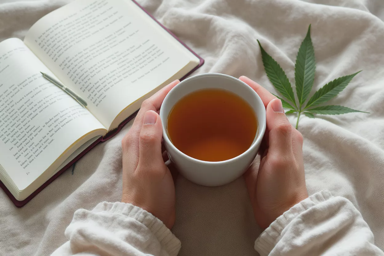 Hands holding a cup of cannabis tea next to an open book and cannabis leaf.