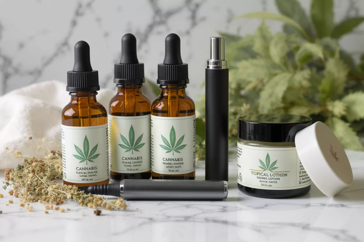 Cannabis Topical Products Three cannabis oil bottles, a vape pen, and a topical lotion jar on marble.
