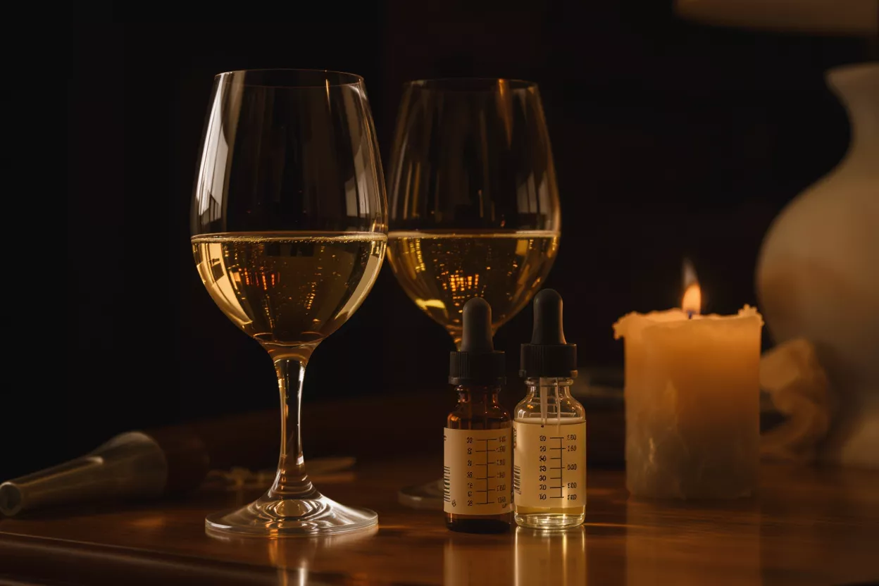 Wine Glasses and Dropper Bottles Two wine glasses, two dropper bottles, and a lit candle on a wooden table.