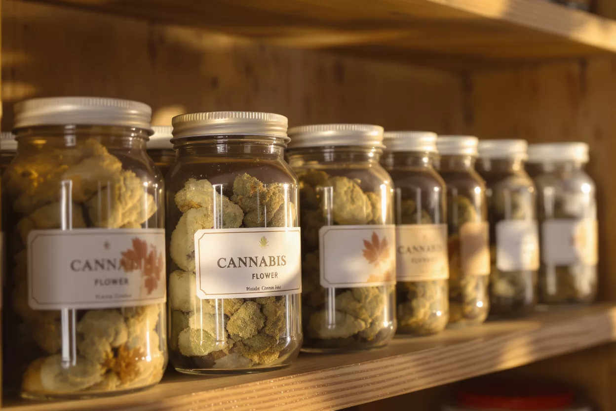 Glass jars filled with cannabis flower on a wooden shelf, labeled "CANNABIS FLOWER".