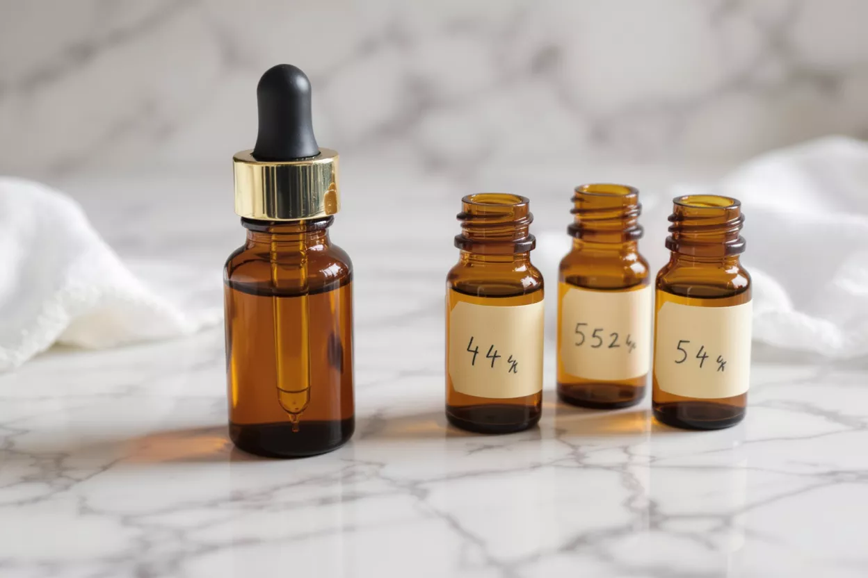 Amber glass dropper bottle and three small vials with essential oils on marble surface.