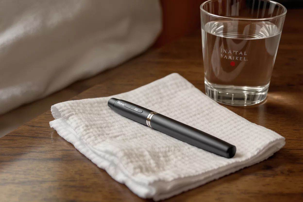 A black pen resting on a white cloth next to a glass of water.