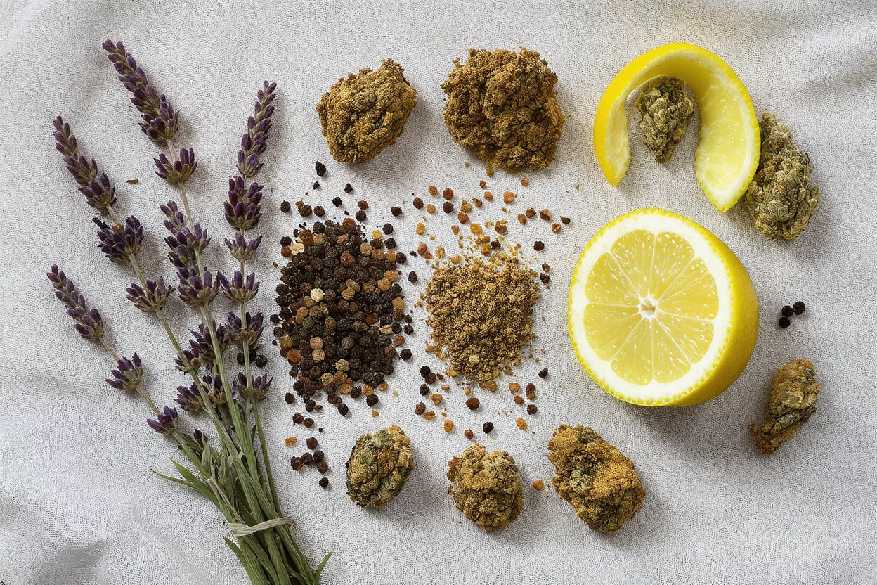 Lavender, lemon, pepper, and cannabis buds on a white cloth, showcasing terpenes.