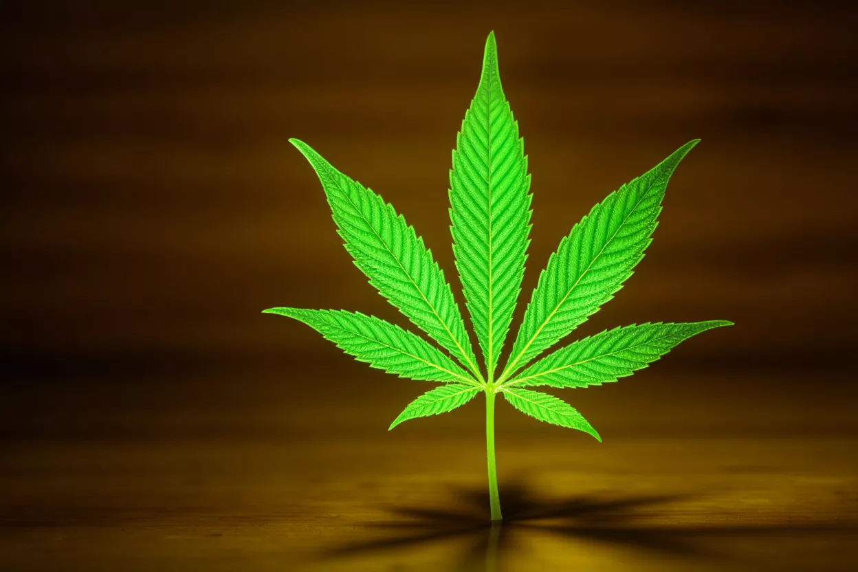 A vibrant green cannabis leaf with seven pointed leaflets on a dark brown background.