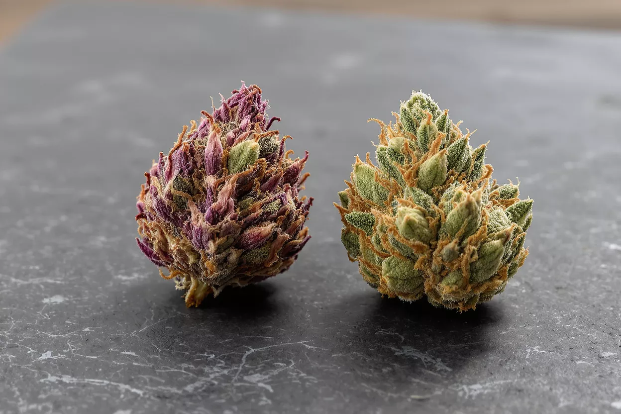 Two distinct cannabis buds, one purple and one green, on a dark surface.