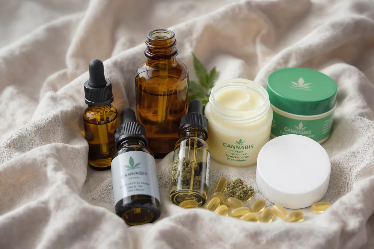 Various cannabis and CBD products including oils, creams, and capsules on a linen cloth.