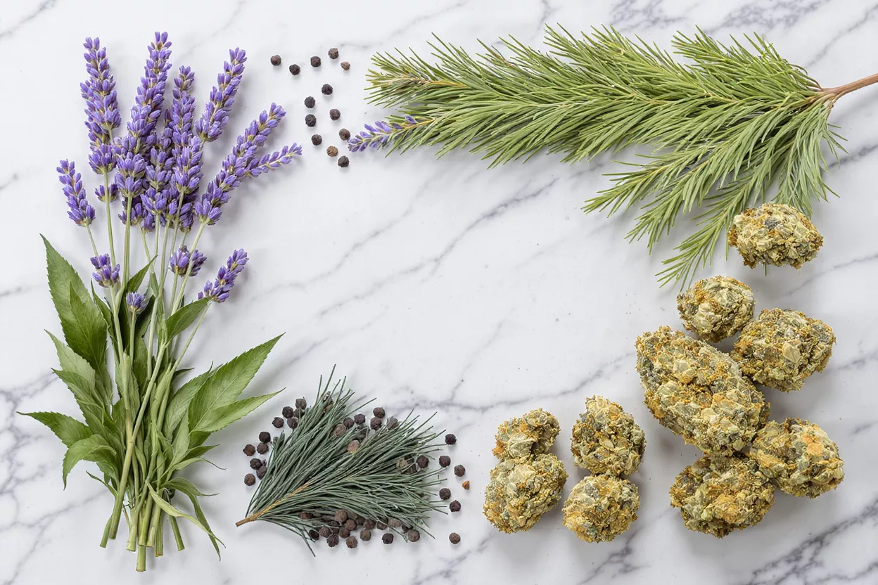 Cannabis buds, lavender, pine needles, and peppercorns on a white marble surface.