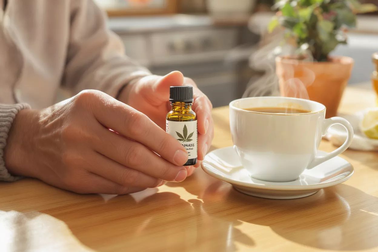 Cannabis Oil with Morning Coffee Hands holding cannabis oil bottle next to steaming coffee cup on wooden table.