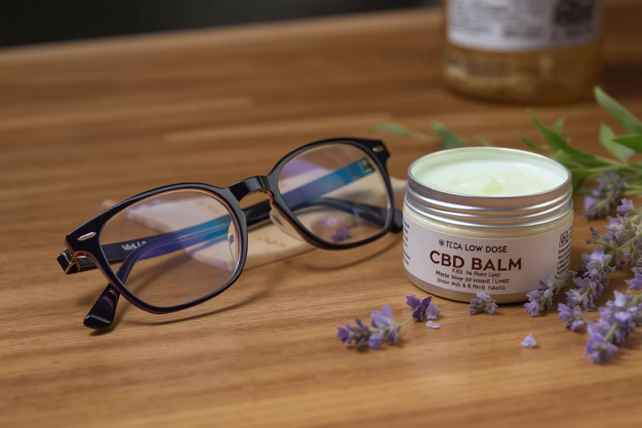 CBD Balm and Glasses A jar of TCCA Low Dose CBD Balm, black glasses, and lavender on a wooden table.