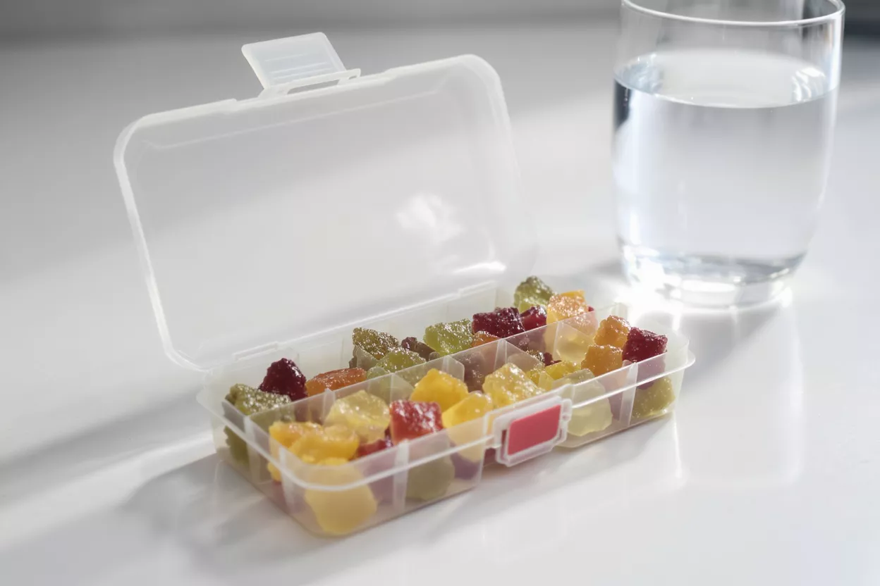 Colorful Gummy Vitamins in Pill Box Colorful gummy vitamins in a clear pill box next to a glass of water.
