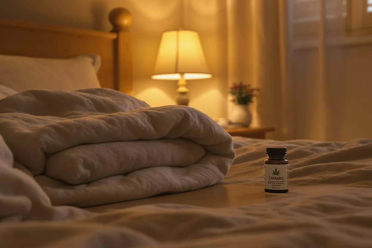 Cannabis Oil for Sleep Cannabis oil bottle on a bed with warm lighting, suggesting relaxation and sleep.