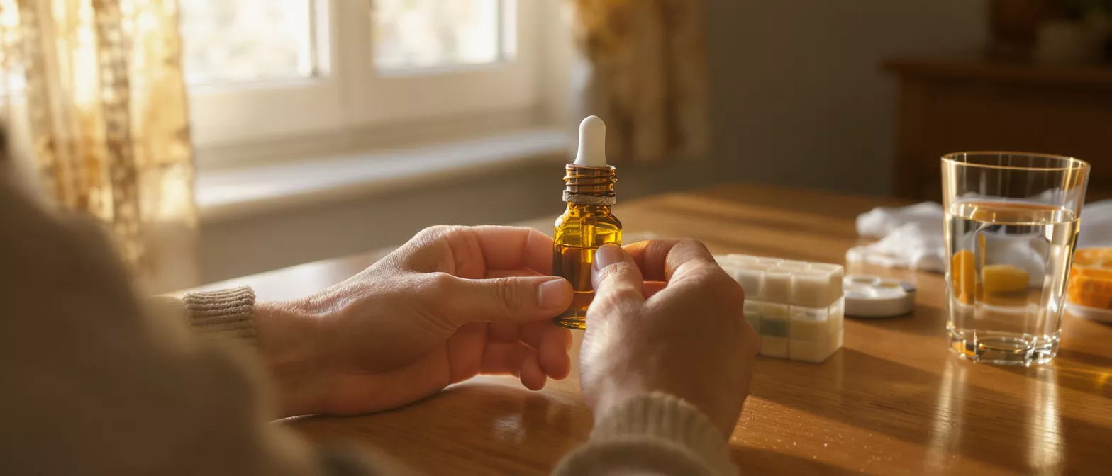 Hands holding a small amber dropper bottle, with a glass of water nearby.