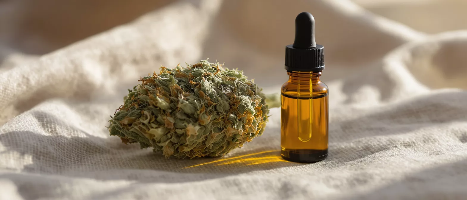 Dried cannabis flower bud next to an amber CBD oil dropper bottle on fabric.
