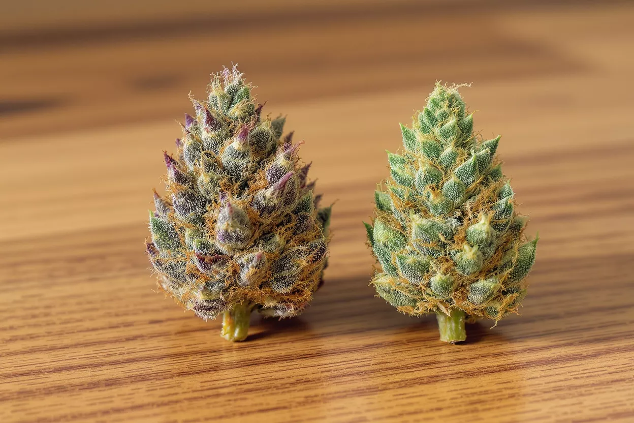 Two Cannabis Buds Two distinct cannabis buds, one purple and one green, on a wooden surface.