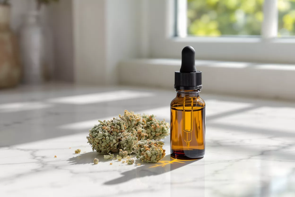 CBD Oil and Cannabis Buds Amber dropper bottle of CBD oil next to cannabis buds on a marble surface.
