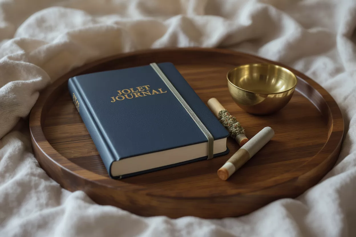 Jolie Journal and Pre-rolls on Tray A navy 'JOLIE JOURNAL' notebook, two pre-rolls, and a brass bowl on a wooden tray.