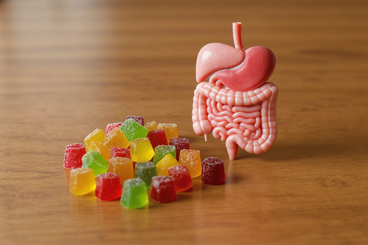 Colorful gummy bears beside a digestive system model