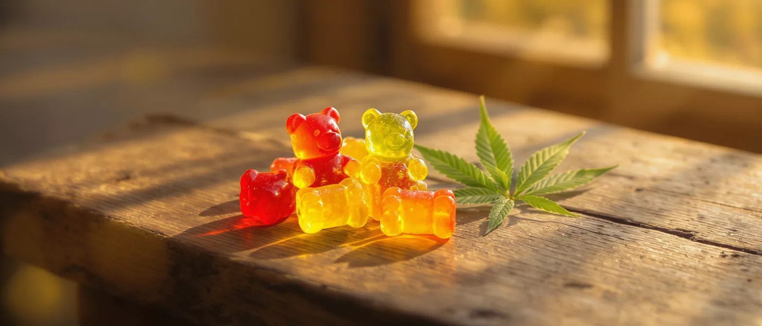 Vibrant gummy bears arranged with a cannabis leaf