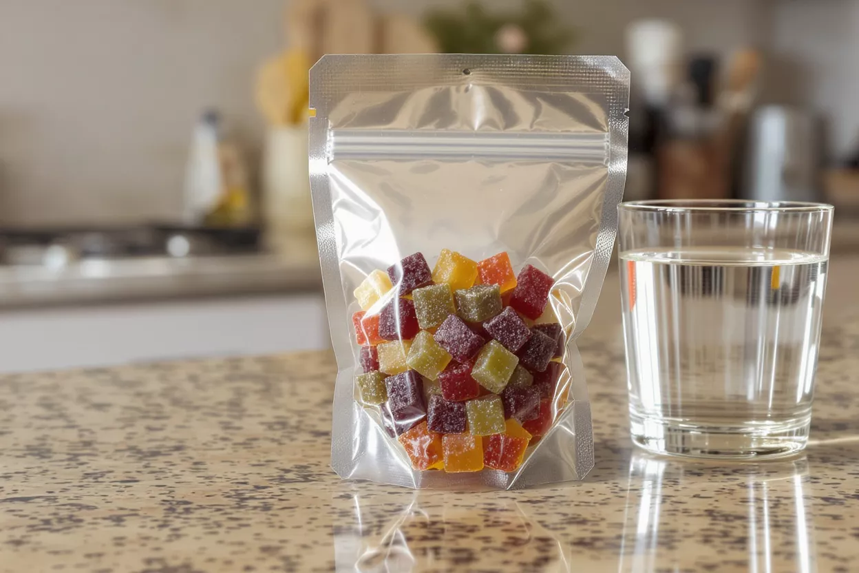 A bag of colorful gummy candies on a countertop
