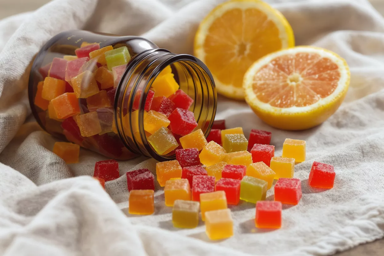 A jar spilling colorful gummy candies on a cloth