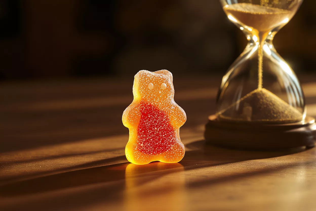 Colorful gummy bear candy with an hourglass in background