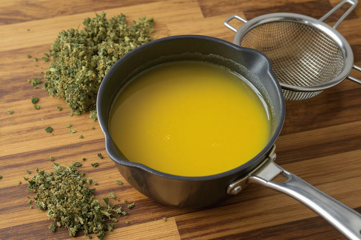 Cannabis flower, melted butter in saucepan, and a metal strainer on a wooden board.