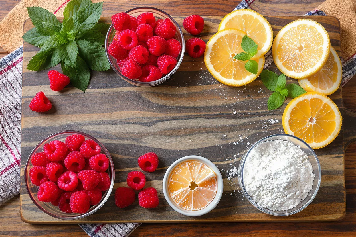 Raspberries, lemon slices, mint, and powdered sugar on a wooden board.