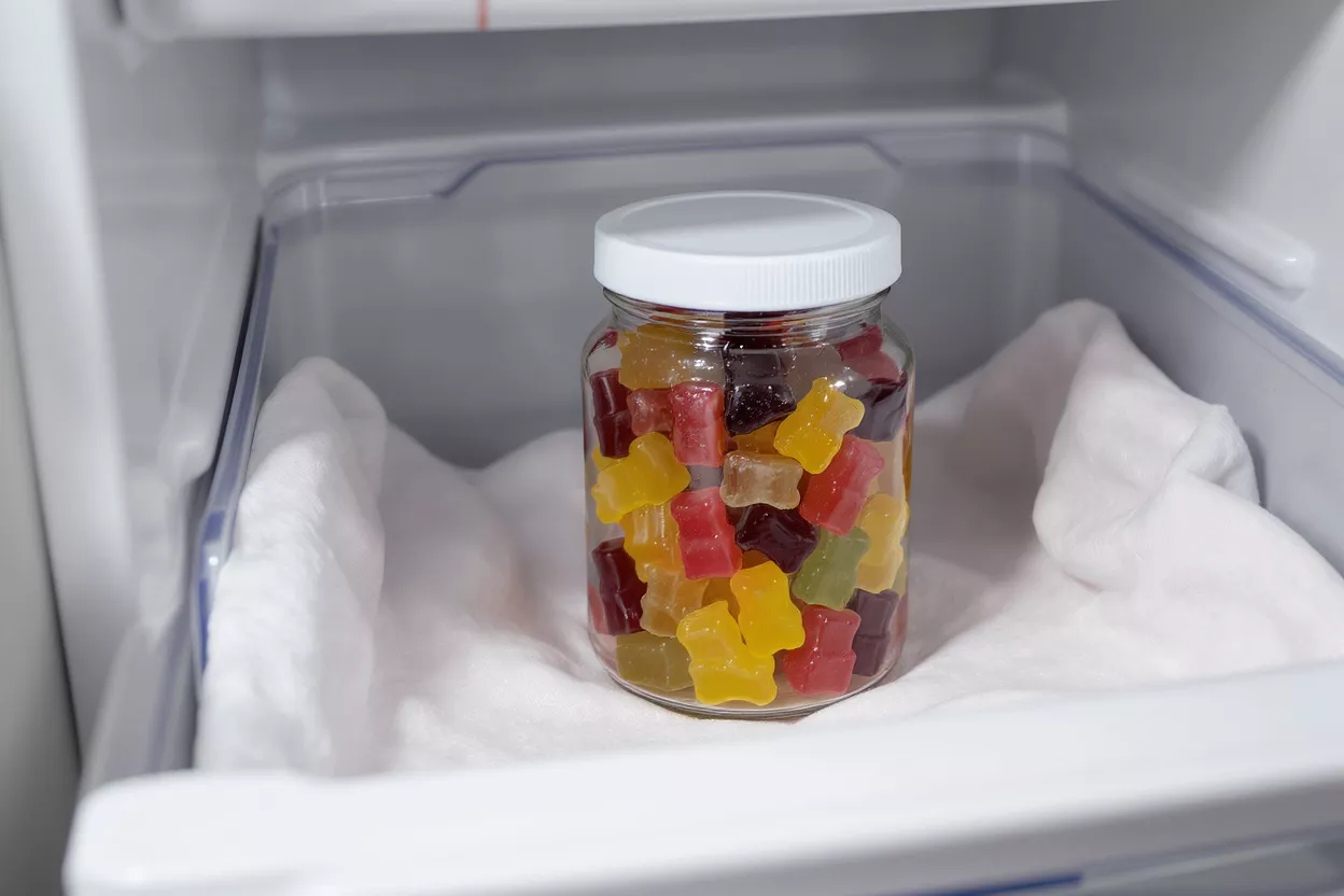 A clear glass jar filled with colorful gummy bears, stored inside a refrigerator.