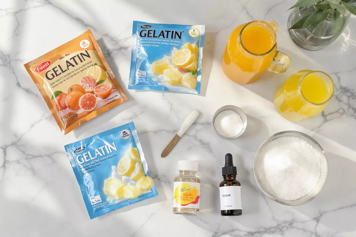 Toma cenital de sobres de gelatina, jugo de naranja, azúcar y saborizantes sobre una superficie de mármol.
