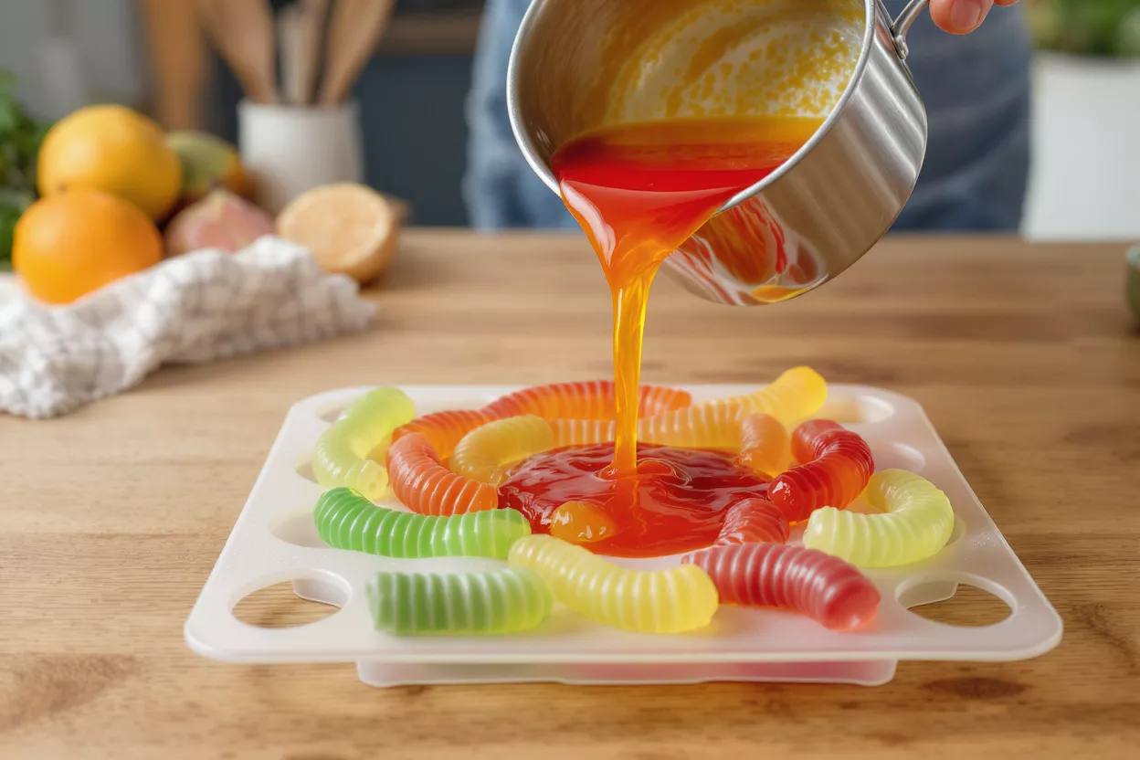 Una persona vertiendo líquido rojo y naranja en un molde con gusanos de gominola ya existentes.