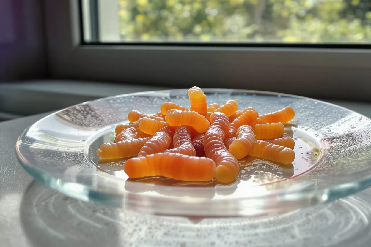 Gusanos de goma naranja en un plato de cristal transparente con una ventana al fondo.