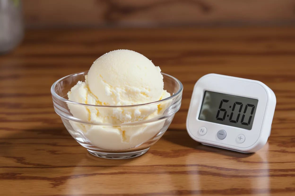 Glace et minuterie numérique Un bol de glace à la vanille à côté d'une minuterie numérique réglée sur 6:00.