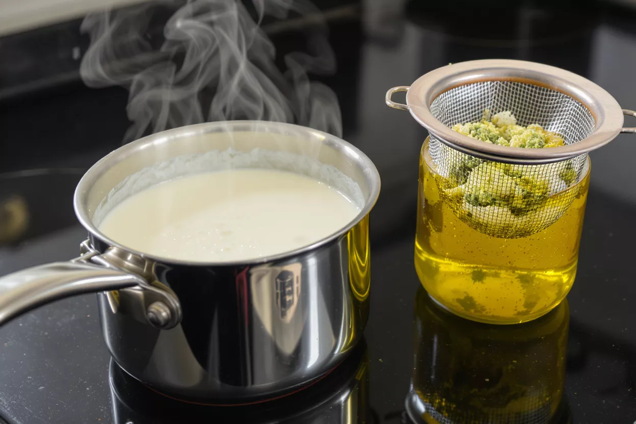 Sauce à la cuisson et infusion d'huile Sauce blanche fumante dans une casserole à côté d'une passoire infusant de l'huile avec des herbes vertes.